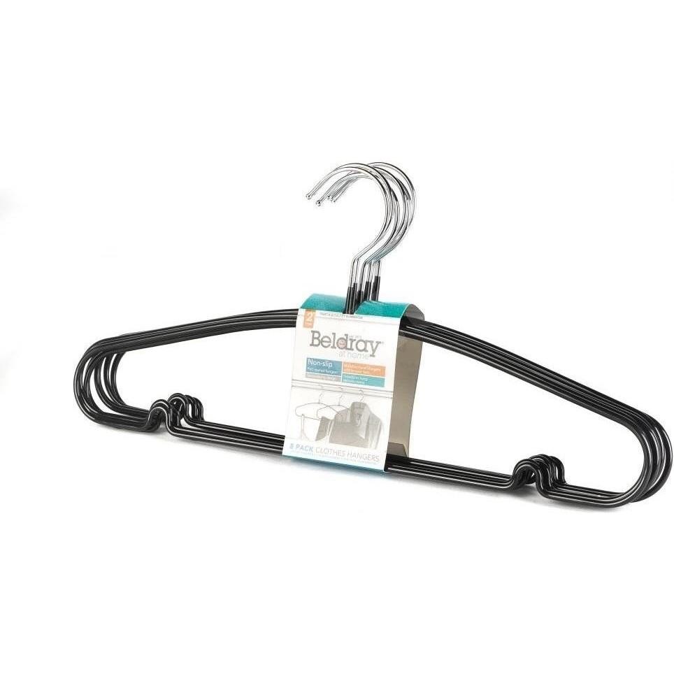 Eight black metal hangers with a smooth finish, featuring a chrome hook and notched shoulders for secure clothing support, packaged with a label displaying the brand Beldray.