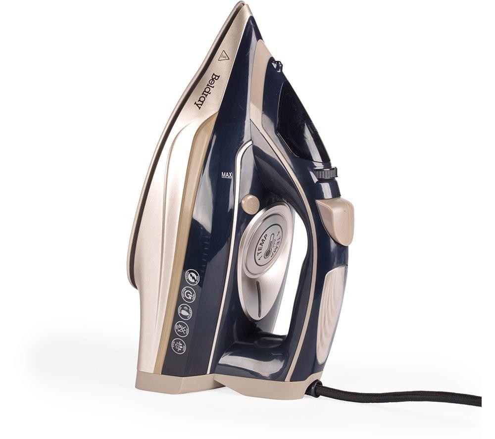 Beldray single temperature iron in blue and gold, featuring a sleek design, a temperature dial, and a textured grip handle for easy use.