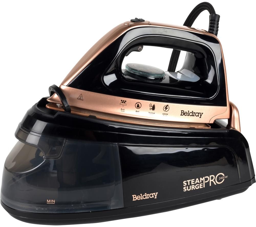 Beldray Steam Iron in black and rose gold, featuring a ceramic soleplate, vertical steam surge, and control buttons on the handle, with a transparent water tank.