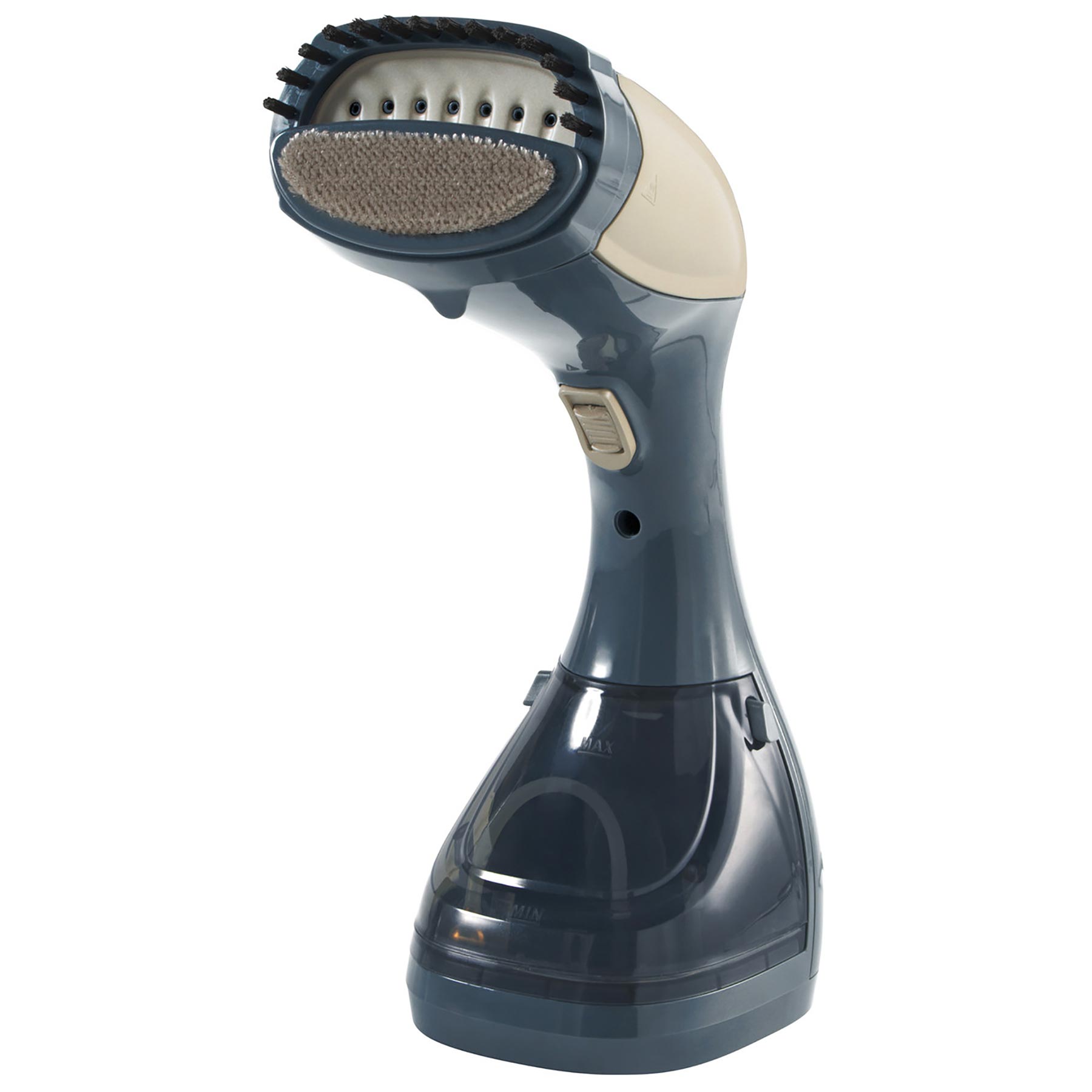 Handheld garment steamer in dark blue and beige, featuring a textured steam head, a water reservoir, and a power button on the handle, designed for quick wrinkle removal.