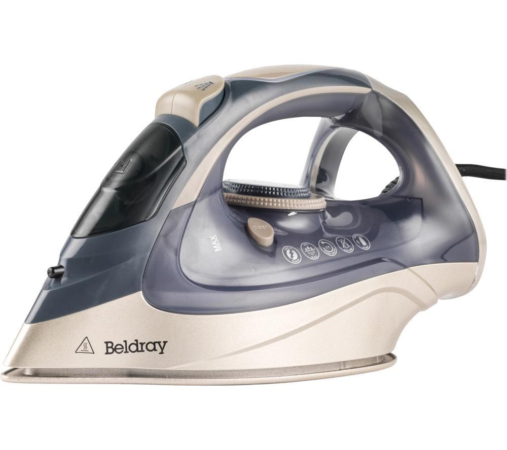Beldray Powerlite steam iron in blue and silver, featuring a sleek design, auto shut-off function, and control buttons for steam settings.