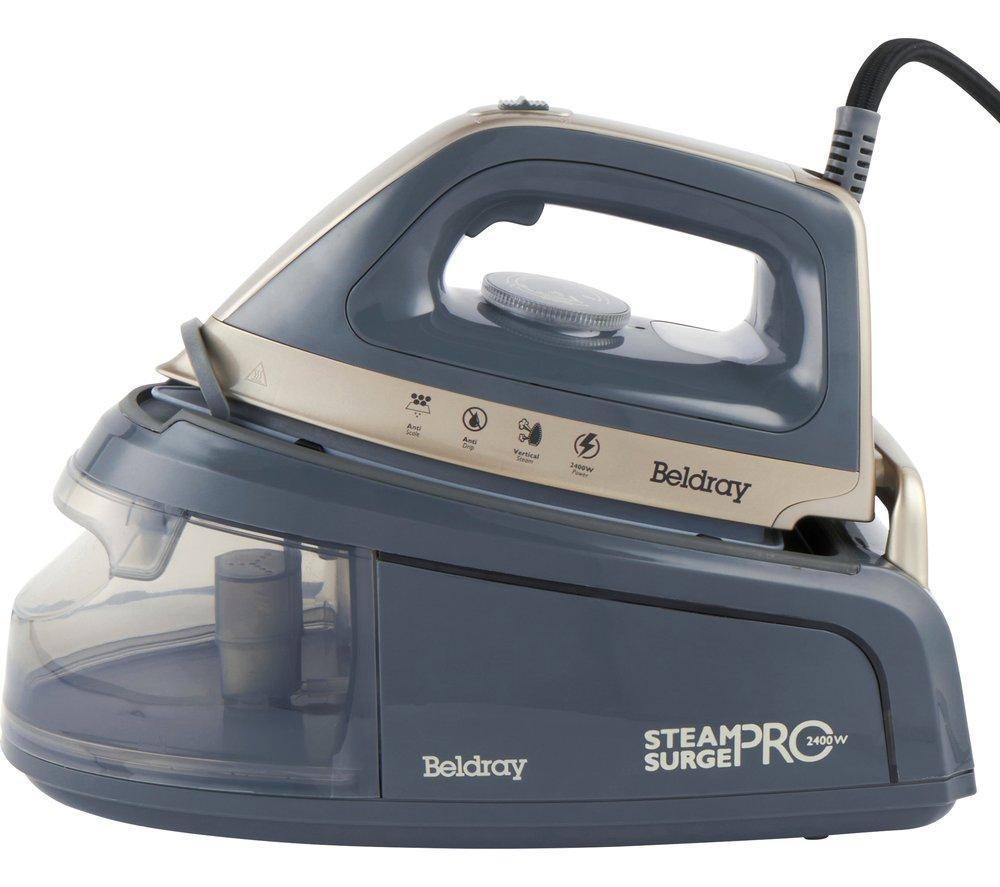 Beldray 2400W Steam Surge Pro Iron in titanium finish, featuring a sleek design, transparent water tank, and adjustable steam control dial.