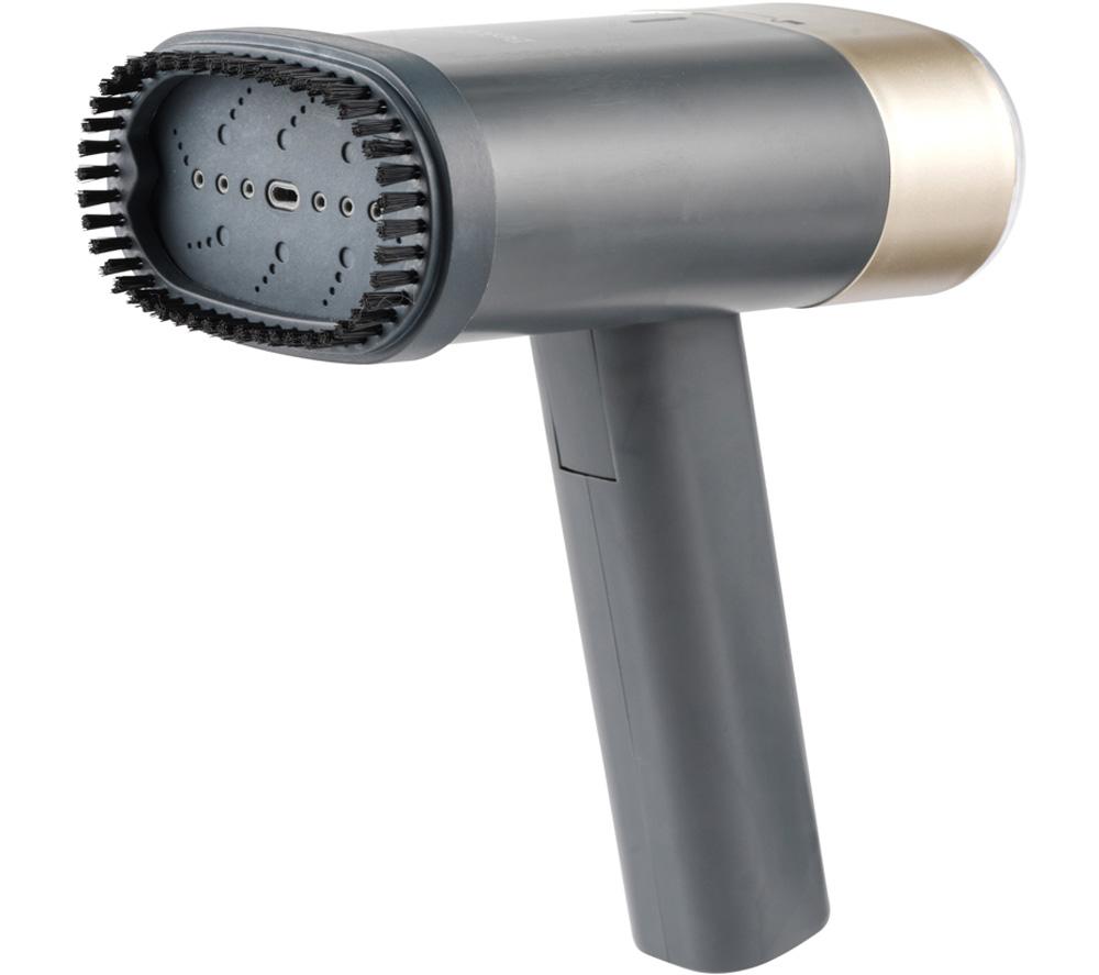 Handheld portable garment steamer in titanium edition, featuring a sleek gray body, a gold accent, and a textured nozzle with bristles for effective steaming.