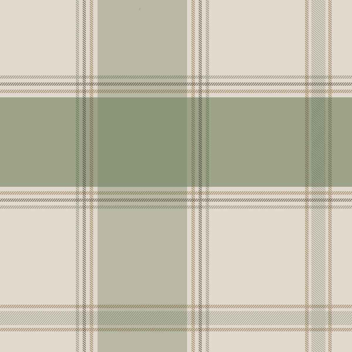 Green check wallpaper featuring a plaid pattern with soft beige and muted green tones, accented by fine black lines, creating a classic and elegant design.