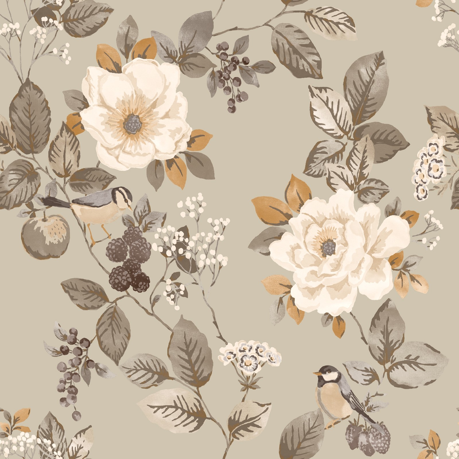 Bramble Floral Wallpaper features a beige background adorned with large cream flowers, delicate leaves, and small birds, creating an elegant, nature-inspired design.