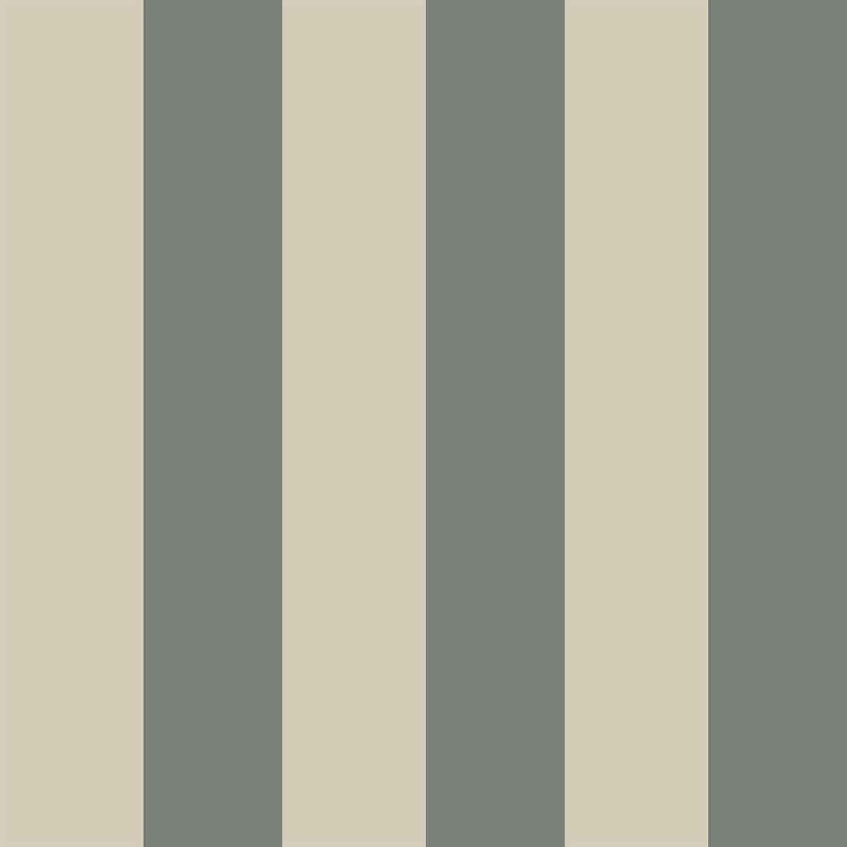 Striped wallpaper featuring alternating wide stripes in soft green and cream, measuring 10m x 53cm, designed by Belgravia Décor.