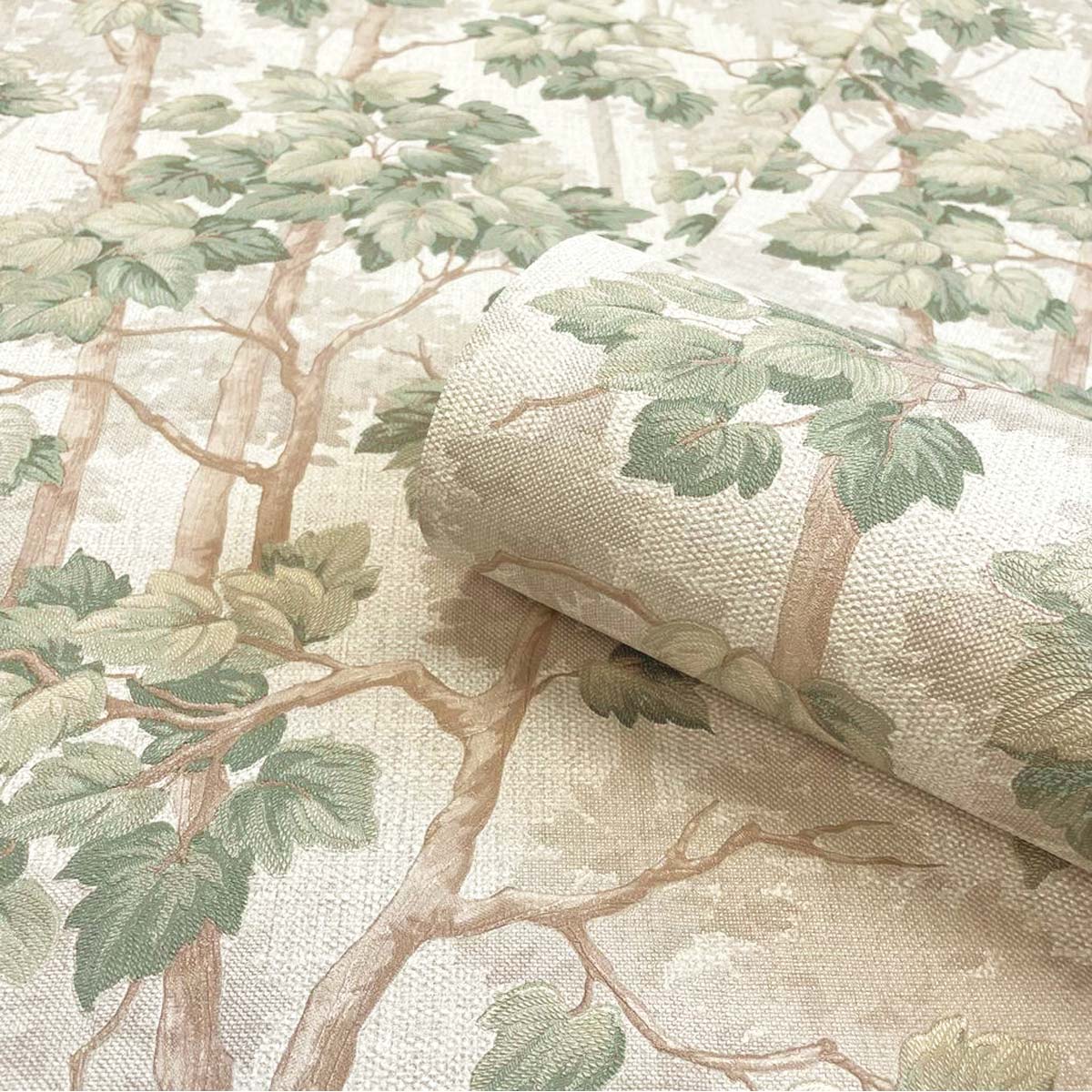 Albany Wallpaper Giorgio Tree 8115 features a textured beige background with detailed green leaves and tree branches, showcasing a natural, botanical design.