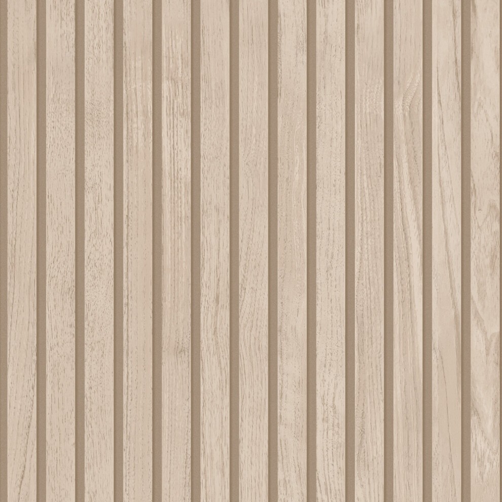 Beige wood wallpaper featuring vertical textured stripes, resembling natural wood grain, ideal for adding warmth and elegance to interiors.
