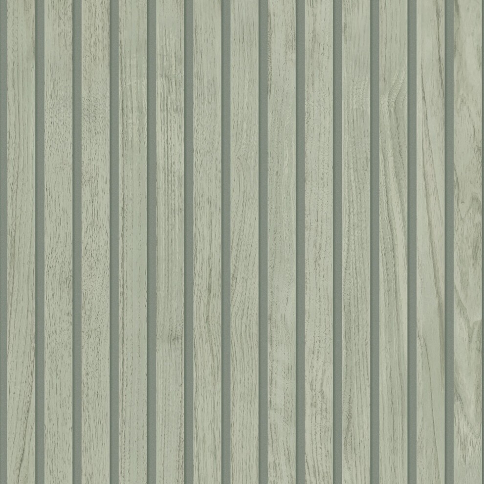 Sage green wood wallpaper featuring a textured design with vertical planks, showcasing a natural wood grain finish for a rustic yet modern aesthetic.