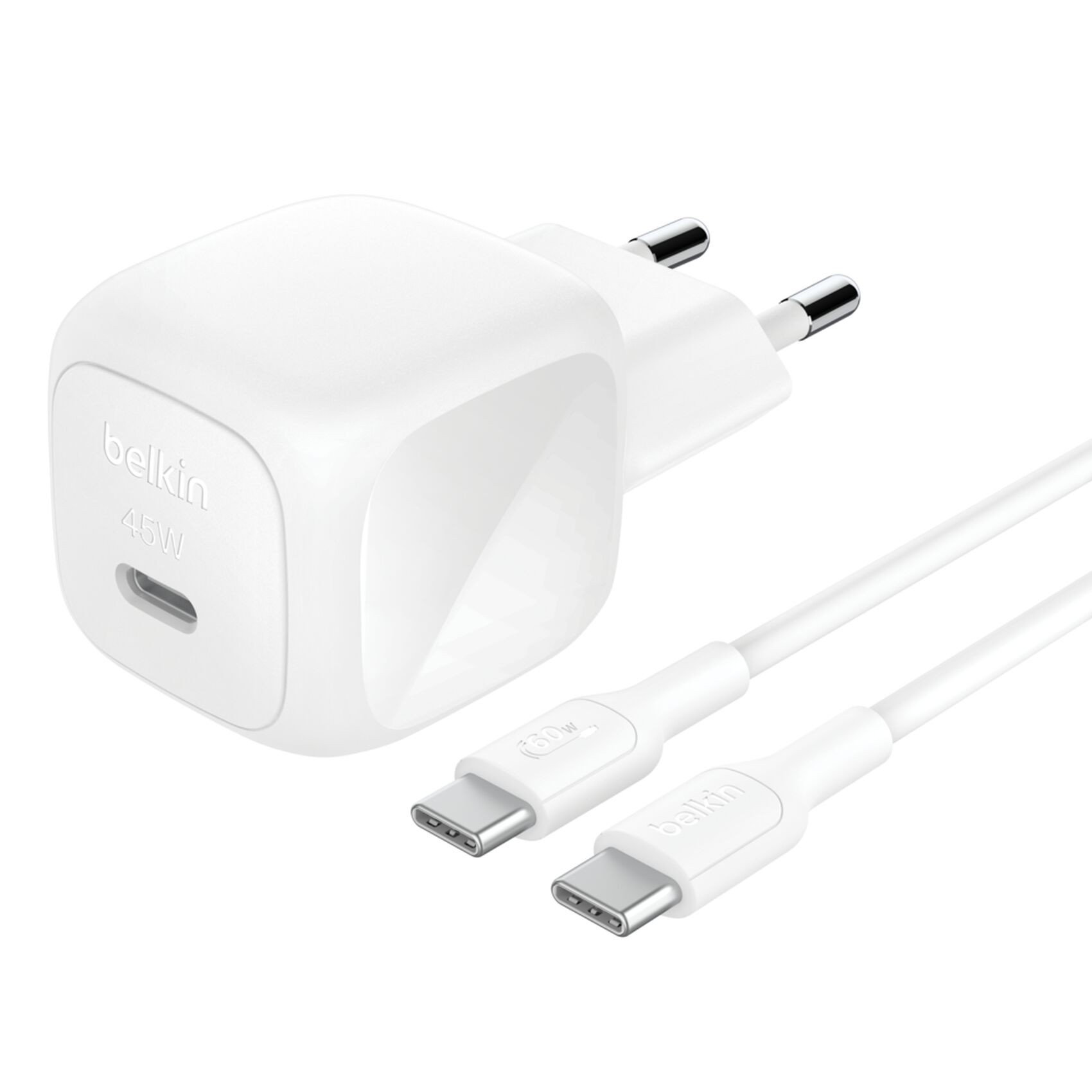 White Belkin 45W AC fast charger with a compact design, featuring a USB-C port and two matching USB-C cables for efficient charging.