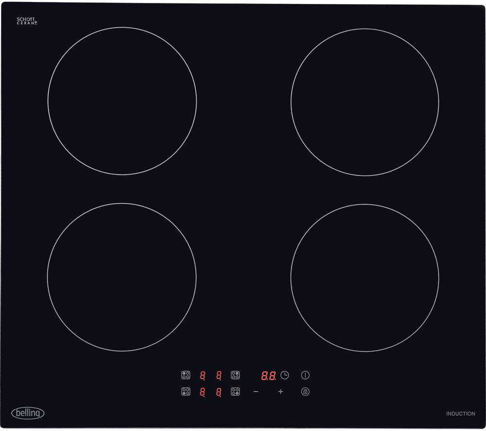 Black induction cooktop with four circular heating zones, featuring a sleek glass surface and digital touch controls at the bottom.