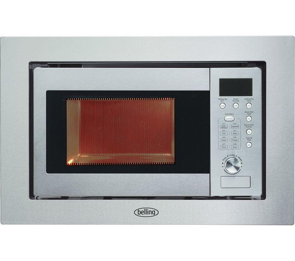 Stainless steel built-in microwave with a sleek design, featuring a digital control panel, a glass door, and a 17L capacity, showcasing a warm orange interior light.