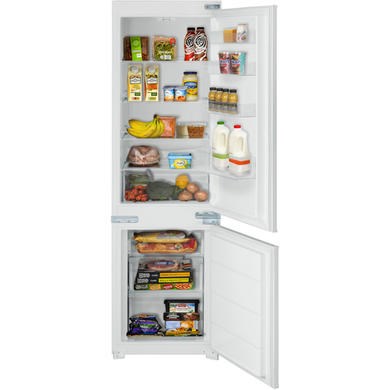 Integrated frost-free fridge freezer with a white finish, featuring a 70/30 split, multiple shelves, and clear drawers, showcasing various food items and beverages inside.