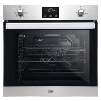 Stainless steel built-in oven with a black glass front, featuring a digital display, control knobs, and three wire racks inside.