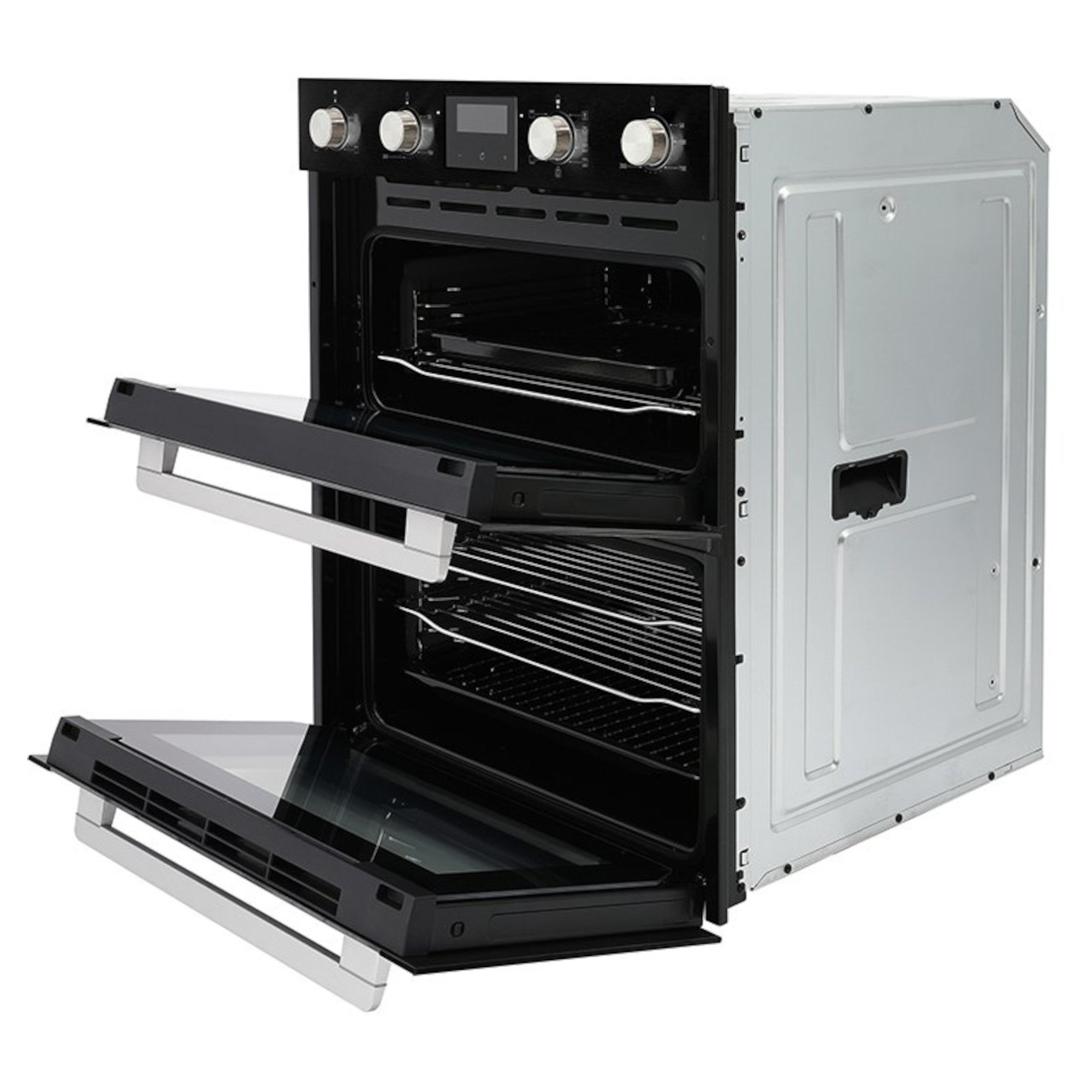 Black built-under electric double oven with two glass-fronted compartments, stainless steel control knobs, and a digital display, featuring multiple oven racks inside.
