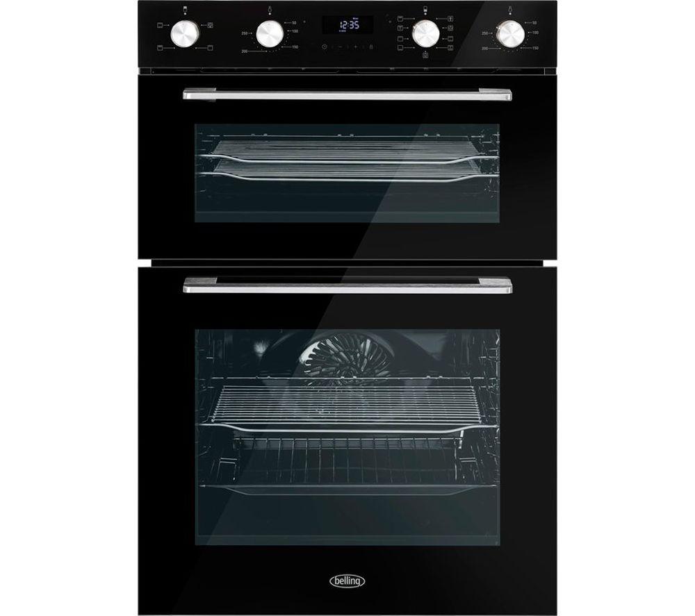 Black electric built-in double oven featuring a sleek glass front, stainless steel knobs, and digital display, with two spacious cooking compartments visible through the glass doors.