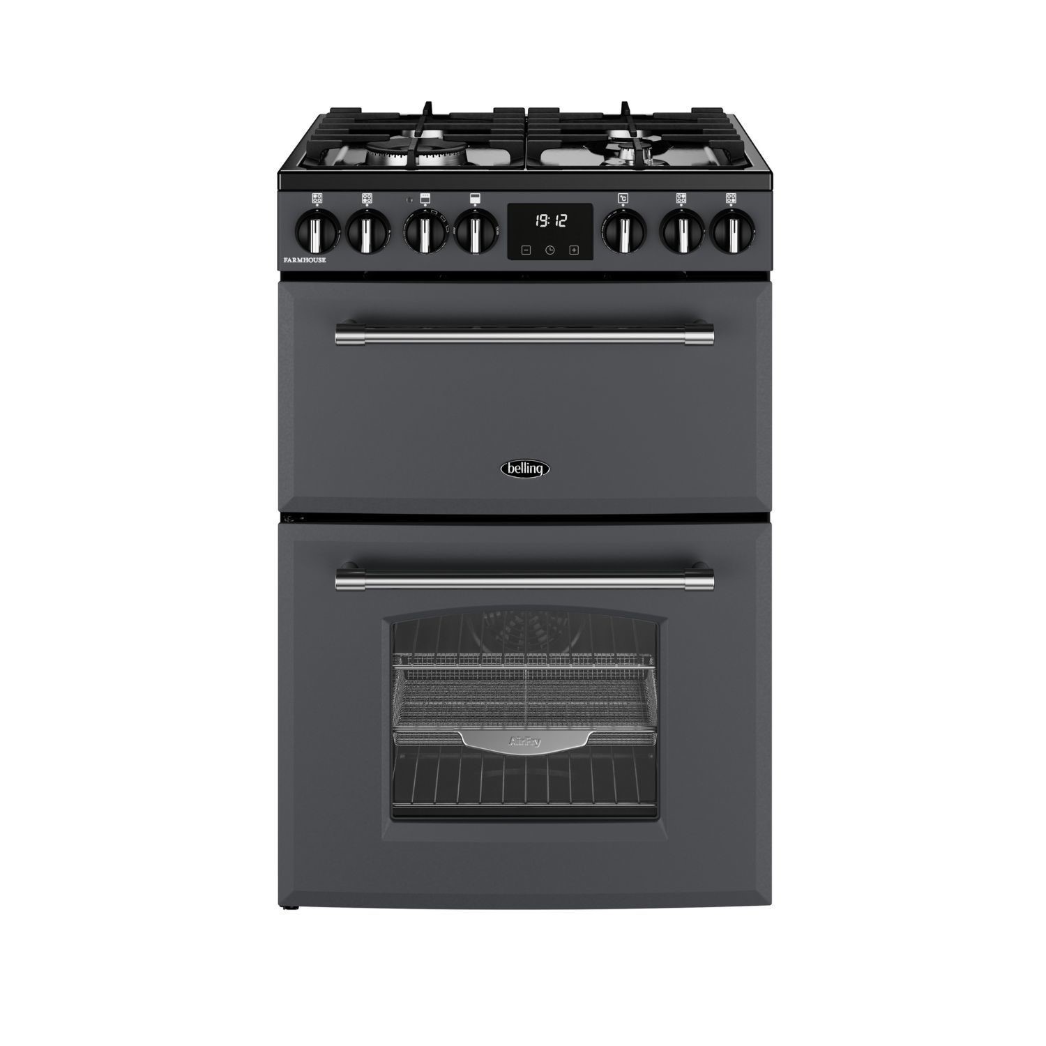 Freestanding gas cooker in matte black with stainless steel knobs, two ovens, and a digital display, featuring four burners on top and a sleek design.