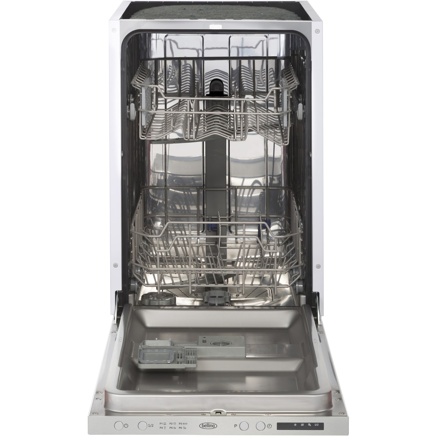 Belling IDW45 slimline dishwasher features a stainless steel interior with two wire racks, a silver front panel, and control buttons on the bottom front.