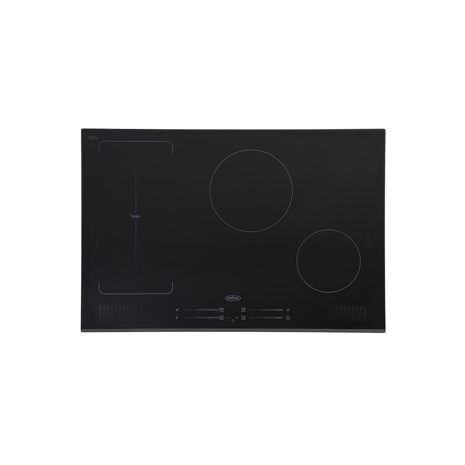 Black induction hob featuring a sleek glass surface, two circular cooking zones, a bridge zone, and touch control panel for easy operation.