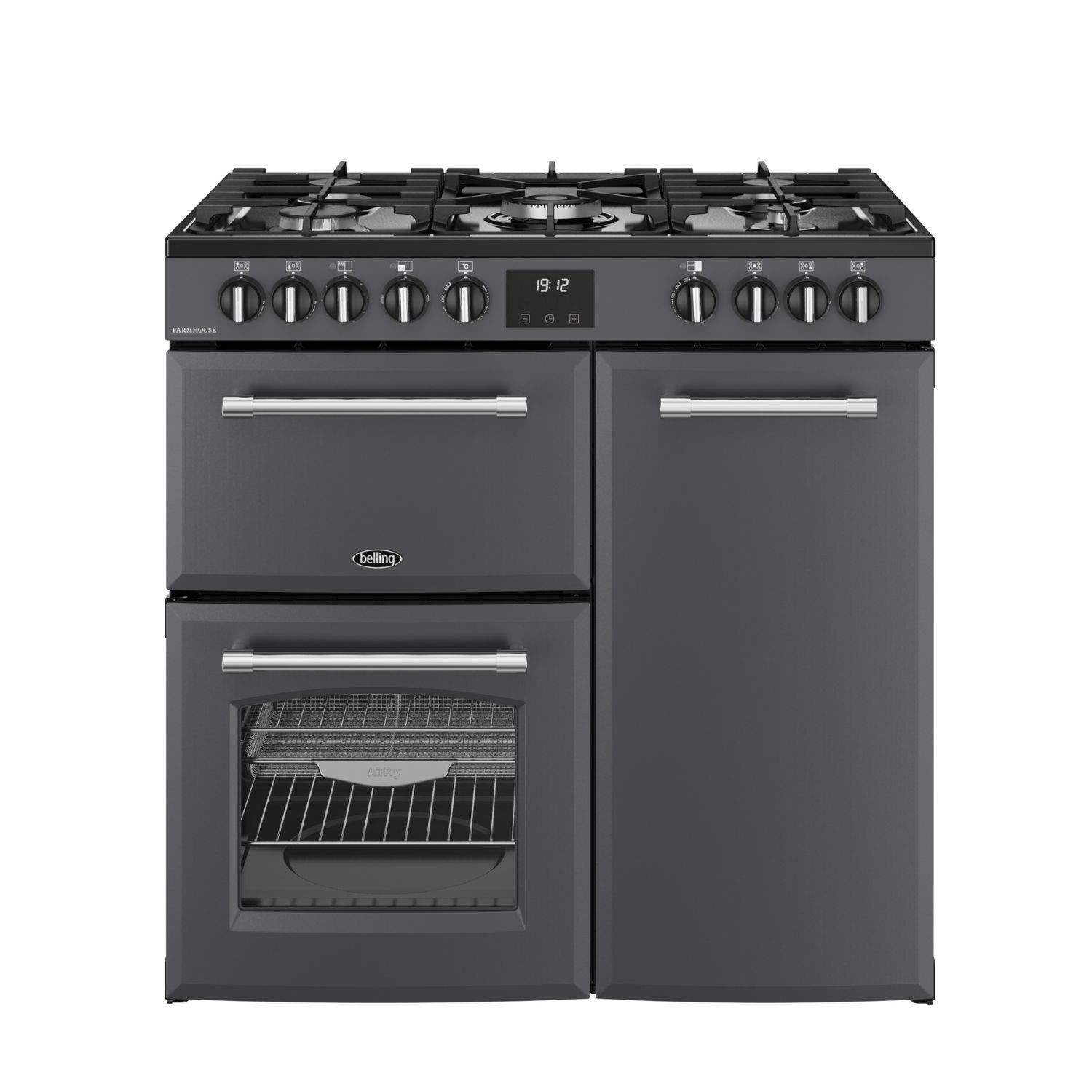 90cm wide Belling farmhouse dual fuel range cooker in anthracite, featuring a gas hob with five burners, two ovens, and chrome knobs for temperature control.