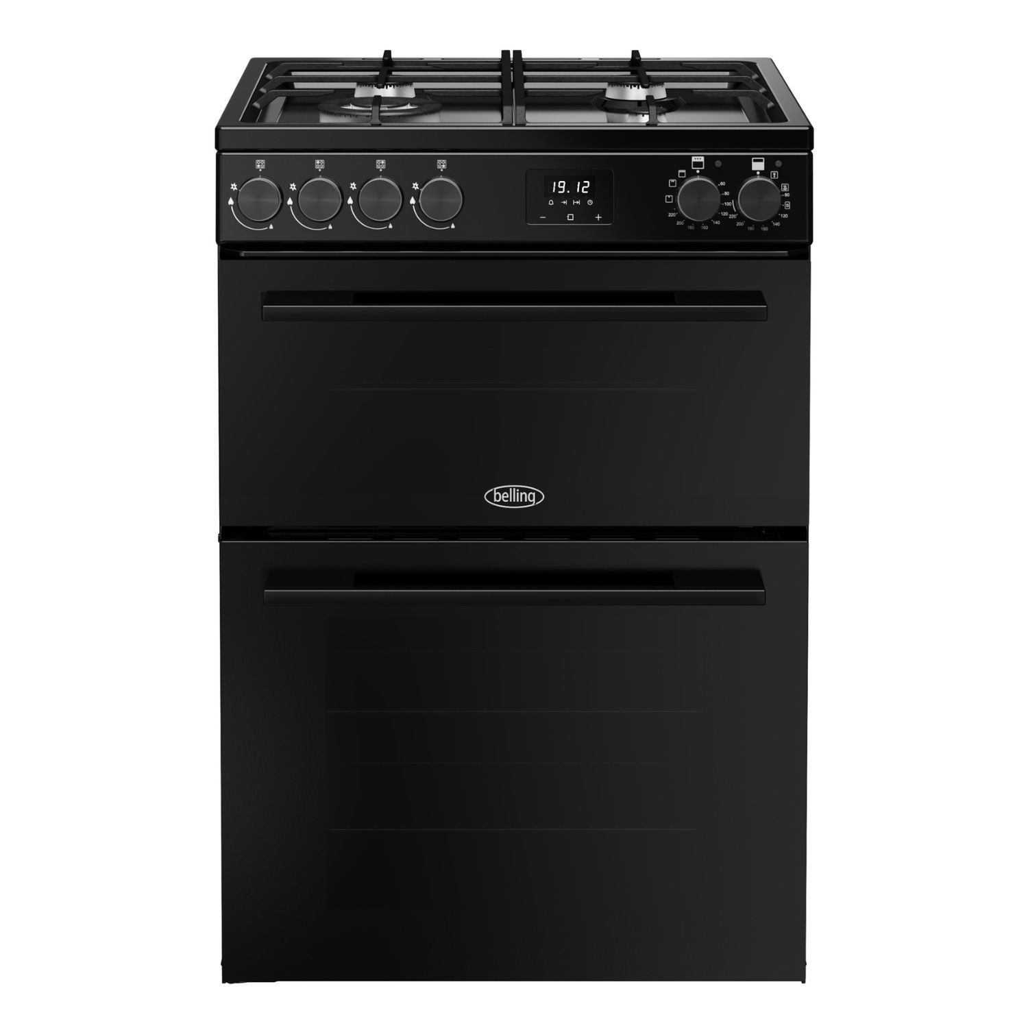 Black gas cooker with four burners, two oven compartments, digital display, and control knobs on the front panel, featuring a sleek and modern design.