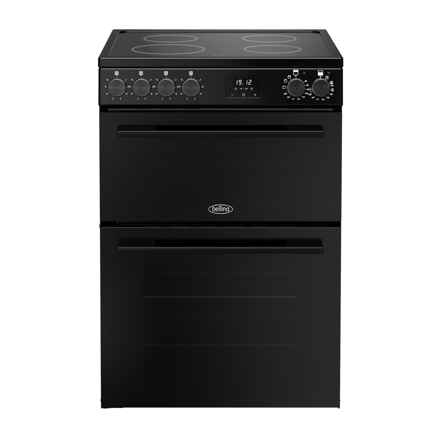 Black electric cooker with a smooth glass top, four cooking zones, digital display, and two oven compartments, featuring control knobs and a sleek modern design.