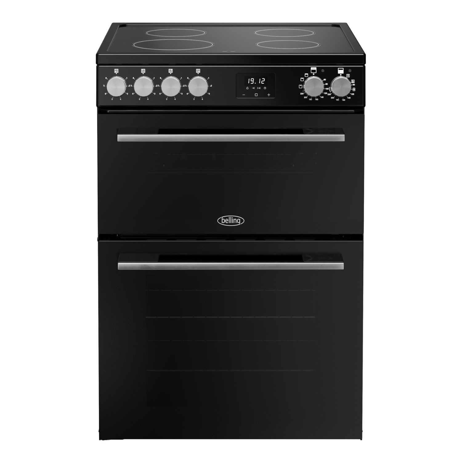 Belling Vision 444412050 double cooker in black and silver steel, featuring four ceramic cooking zones, dual oven doors, and a digital display with control knobs.
