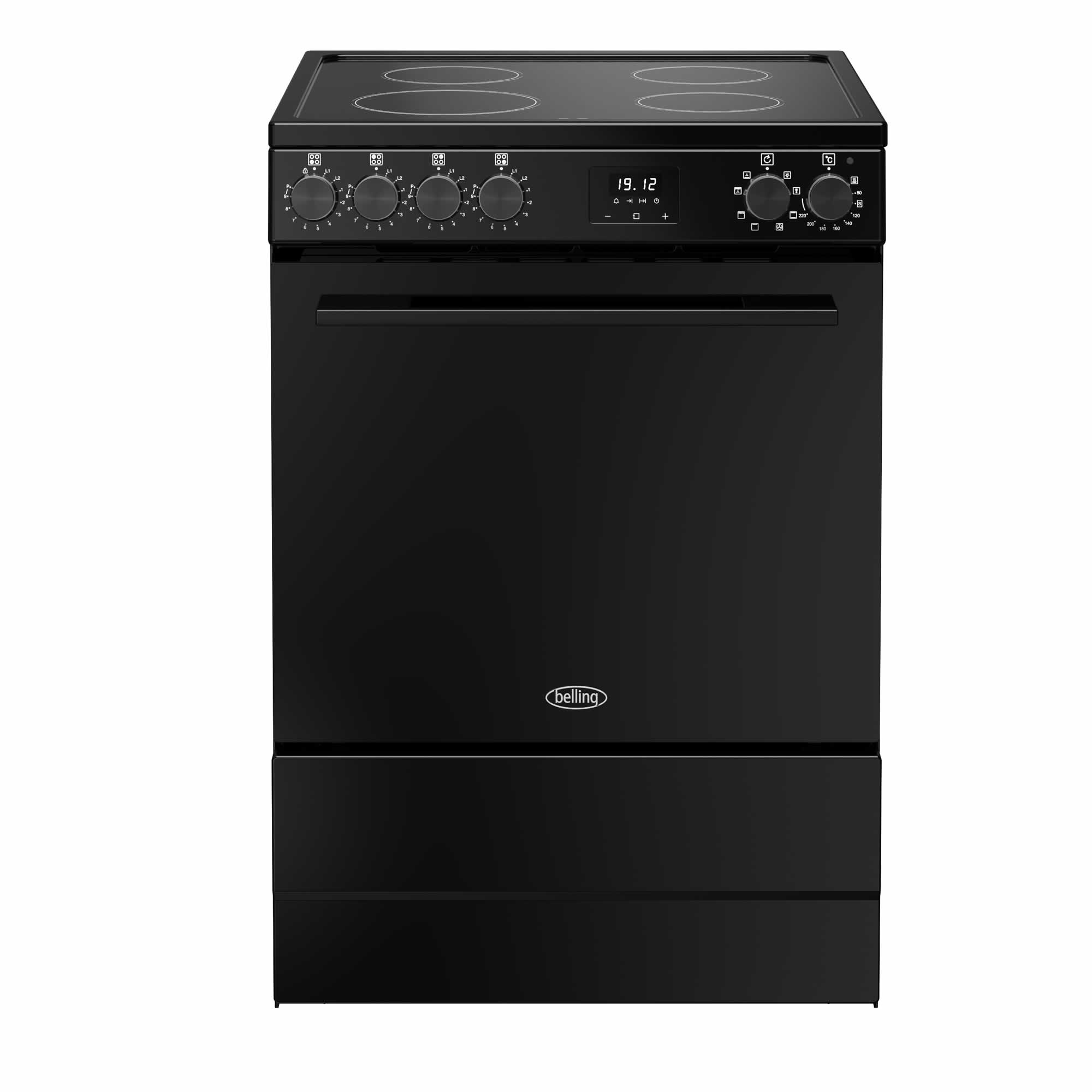 Black electric cooker with four ceramic hobs, front control knobs, digital display, and a sleek design, featuring a spacious oven below.