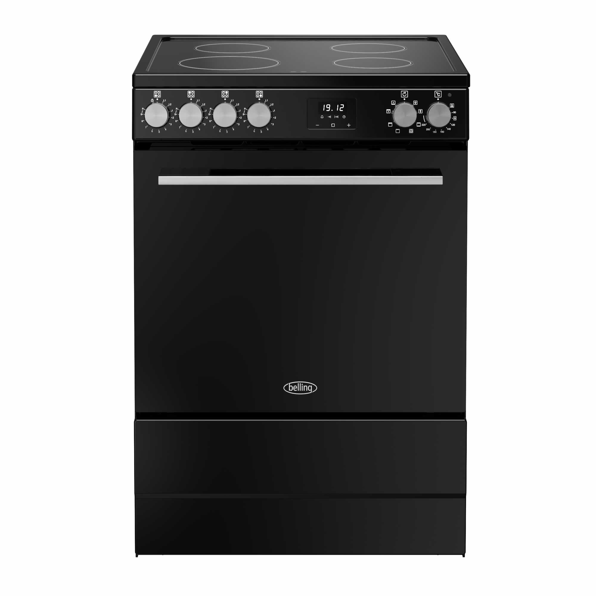 Black electric cooker with four ceramic hobs, a digital display, and chrome knobs, featuring a sleek design and a stainless steel handle.