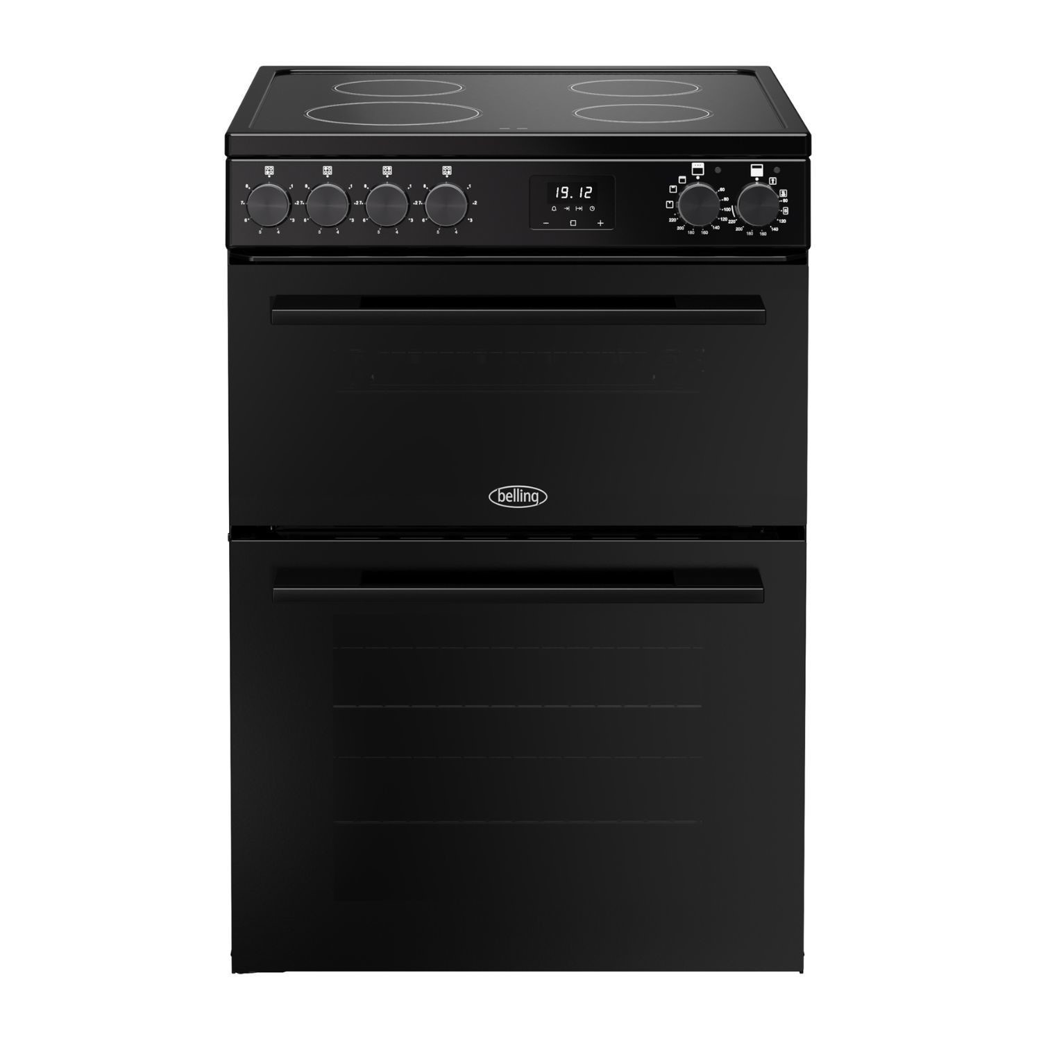 Belling Vision 60cm electric cooker in sleek black, featuring an induction hob, control knobs, digital display, and two spacious oven compartments below.