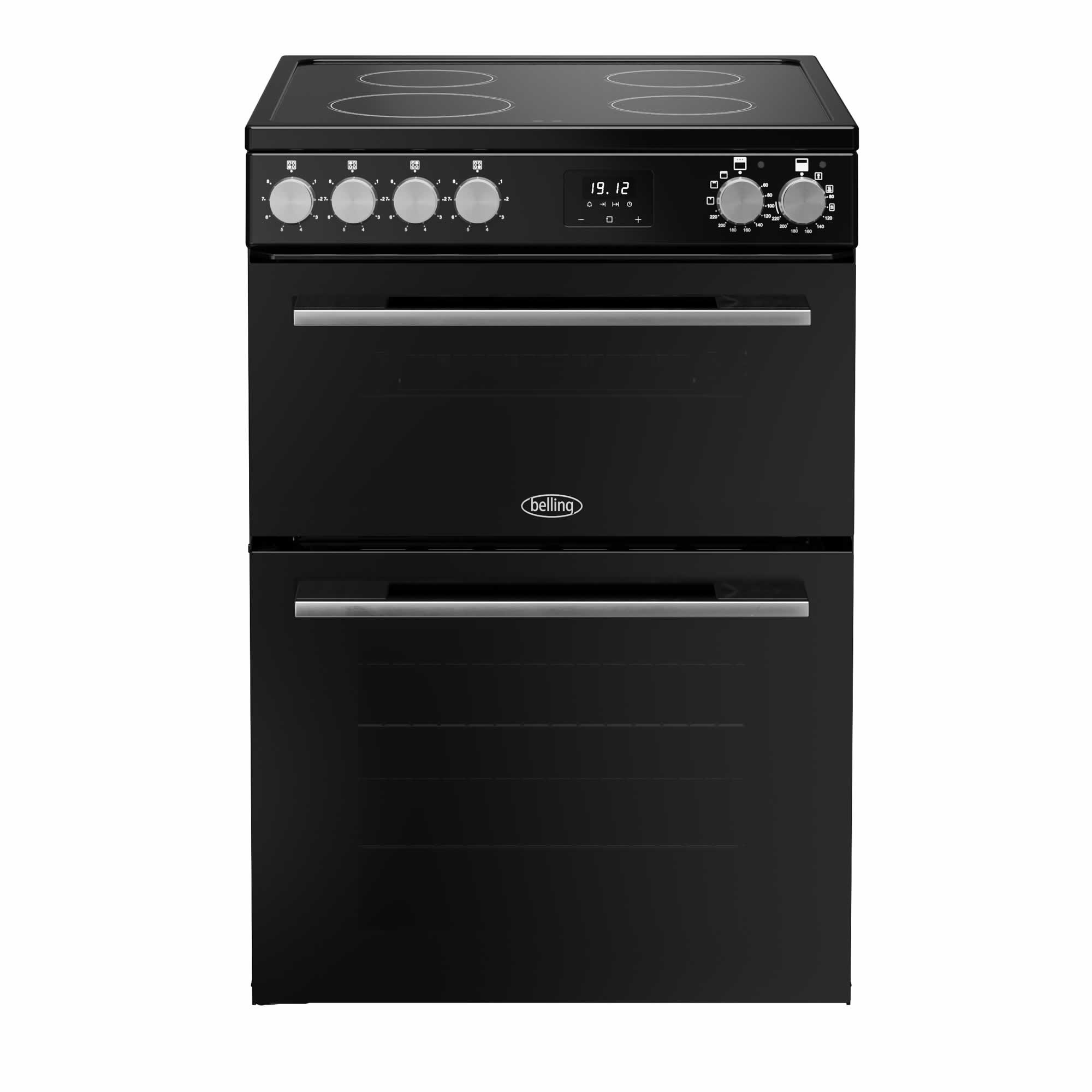 Black Belling electric cooker with a smooth glass top, four burners, digital display, and two oven compartments featuring stainless steel handles.