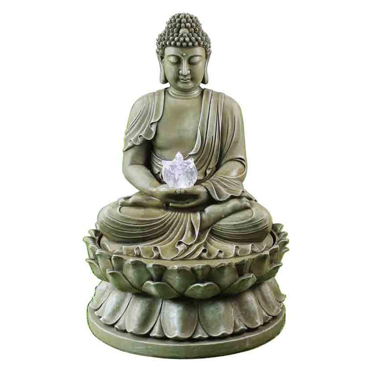 Bermuda Highclere solar-powered water feature in brown, featuring a serene Buddha statue seated on a lotus flower base, with water flowing from a crystal orb in his hands.