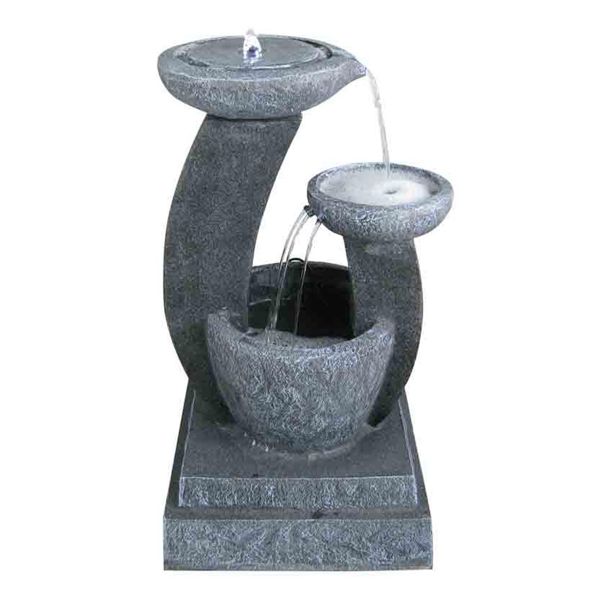 Bermuda Longleat solar-powered water feature in grey, featuring two cascading bowls with a smooth stone-like texture and a small fountain at the top.