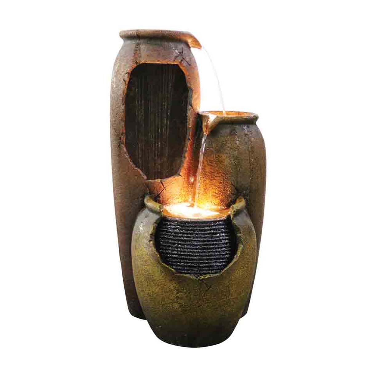 A brown, mains-powered water feature resembling stacked pottery with a cascading water flow and illuminated base, made from durable materials for outdoor use.