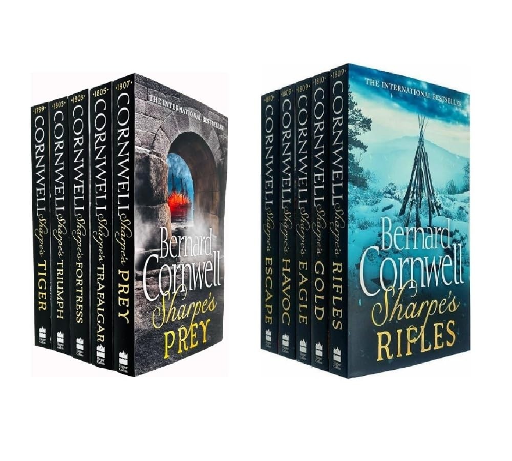 Ten-book set of Bernard Cornwell's Richard Sharpe series, featuring dark covers with gold lettering and illustrations, showcasing titles like "Sharpe's Prey" and "Sharpe's Rifles."