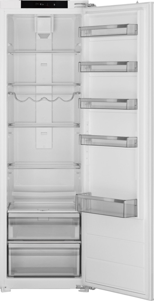 Integrated tall larder fridge in white, featuring a sleek design with multiple glass shelves, transparent drawers, and a digital control panel at the top.