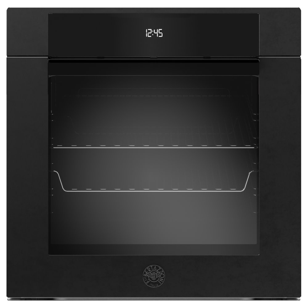Sleek black built-in oven with a large glass door, digital display showing time, and two wire racks inside, featuring a modern design and energy-efficient A++ rating.