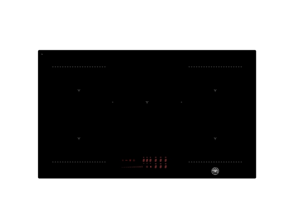 90cm black induction hob featuring five cooking zones, including a flexible zone, with touch controls and a sleek glass surface for modern kitchens.