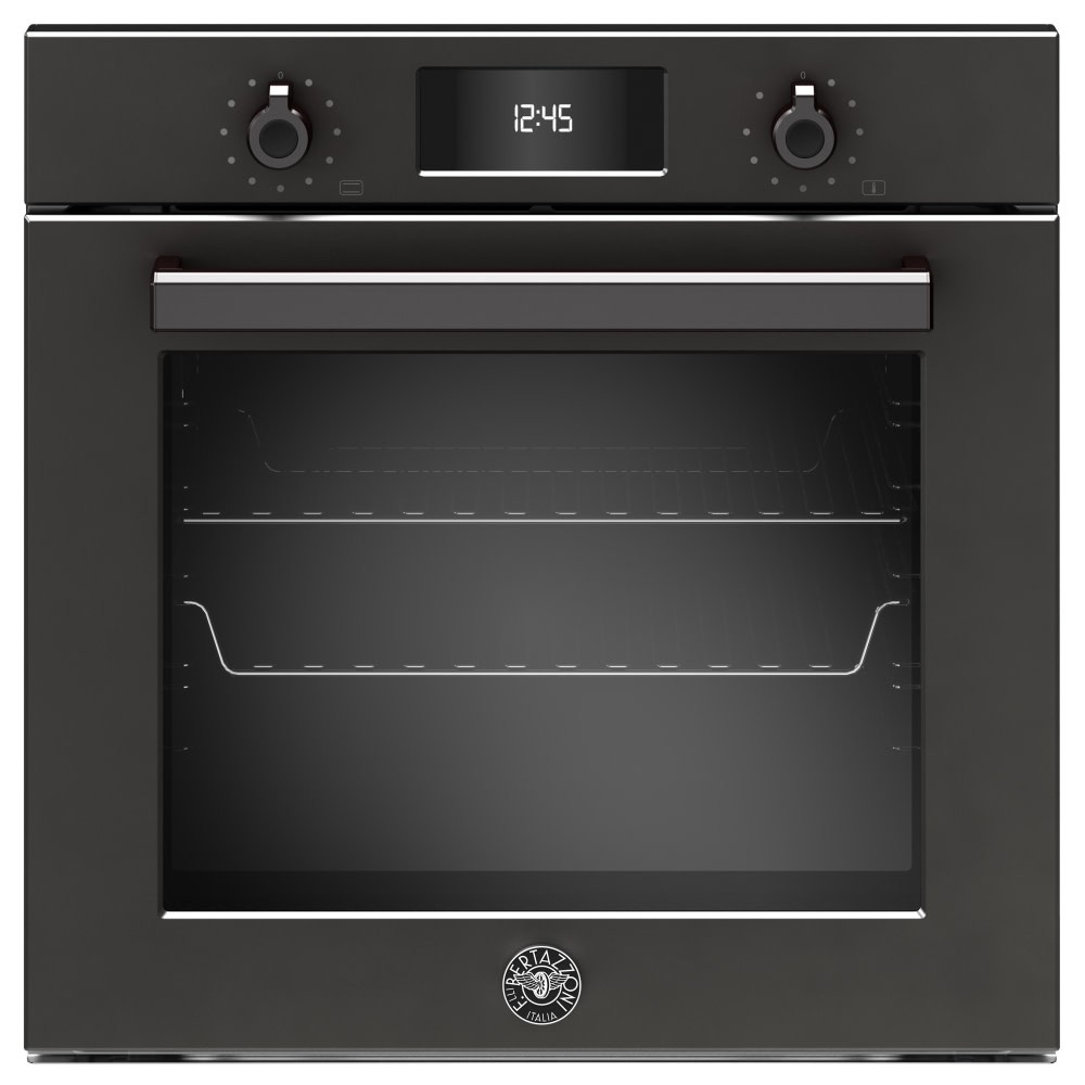 Sleek black built-in oven with a stainless steel handle, digital display, and control knobs, featuring a spacious 76L interior and A++ energy rating.