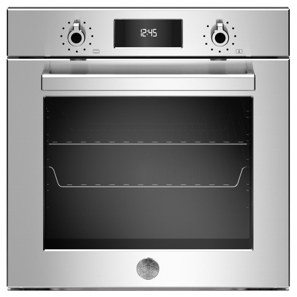 Stainless steel built-in oven with a sleek design, featuring a digital display, two control knobs, and a large glass door showcasing the spacious interior.
