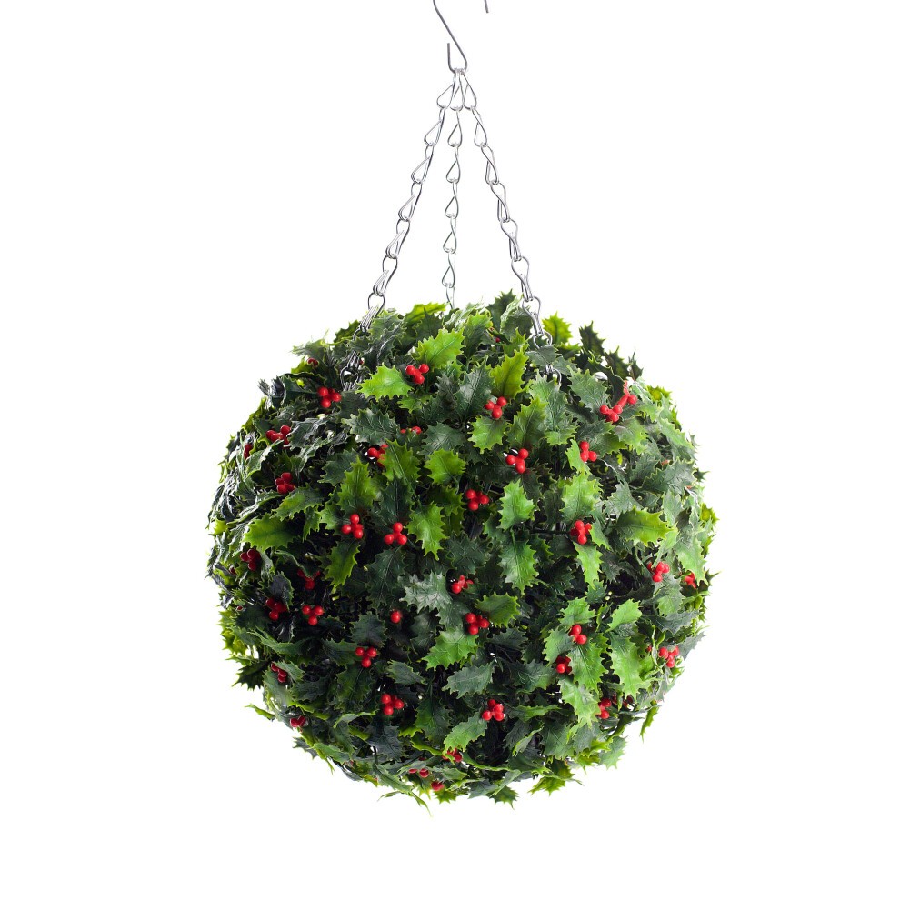 A 28cm artificial Christmas holly ball featuring vibrant green leaves and red berries, suspended from a metal chain for hanging decoration.