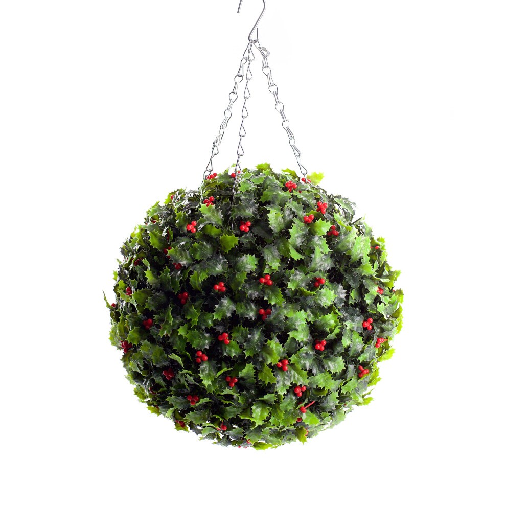 A 38cm artificial Christmas holly ball featuring vibrant green leaves and small red berries, suspended by a silver chain for easy hanging.