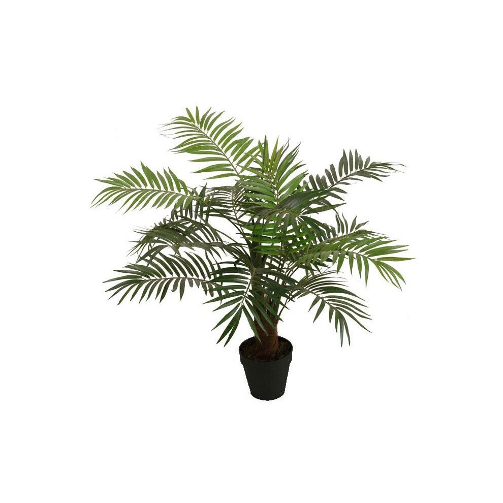 Realistic 3ft artificial Paradise Palm Tree with vibrant green leaves, detailed fronds, and a black pot, perfect for home or office decor.