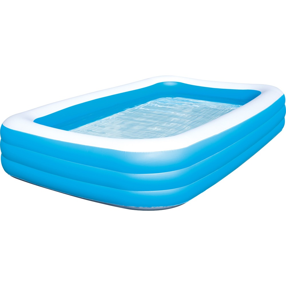Rectangular inflatable swimming pool in blue and white, measuring 305x183x56 cm, featuring a smooth surface and sturdy walls for easy setup and enjoyment.