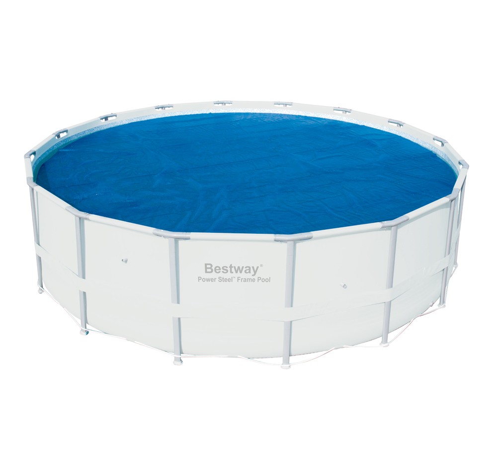 Round blue solar pool cover measuring 462 cm, made of durable material, designed to fit over a circular pool, featuring a smooth surface and securing straps around the edge.