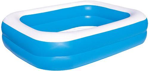 Teal rectangular inflatable family pool measuring 6 ft 7 in x 57.5 in x 19 in, featuring a blue body with a white rim, made of durable material for outdoor use.