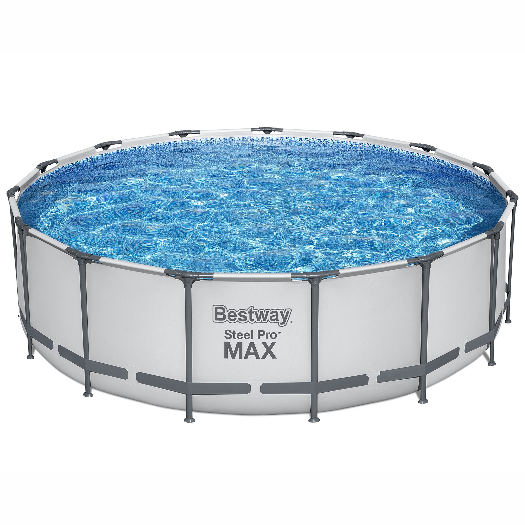 Round, grey steel frame pool set measuring 15 feet in diameter and 48 inches deep, featuring a blue water surface and sturdy support structure.