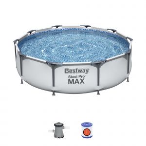 Round steel swimming pool measuring 10ft x 30", featuring a blue water surface, gray metal frame, and a Bestway logo on the side. Includes a filter pump and cartridge.