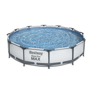 Round above-ground pool set measuring 12 feet in diameter and 30 inches deep, featuring a steel frame with a white and gray design and a blue water surface.