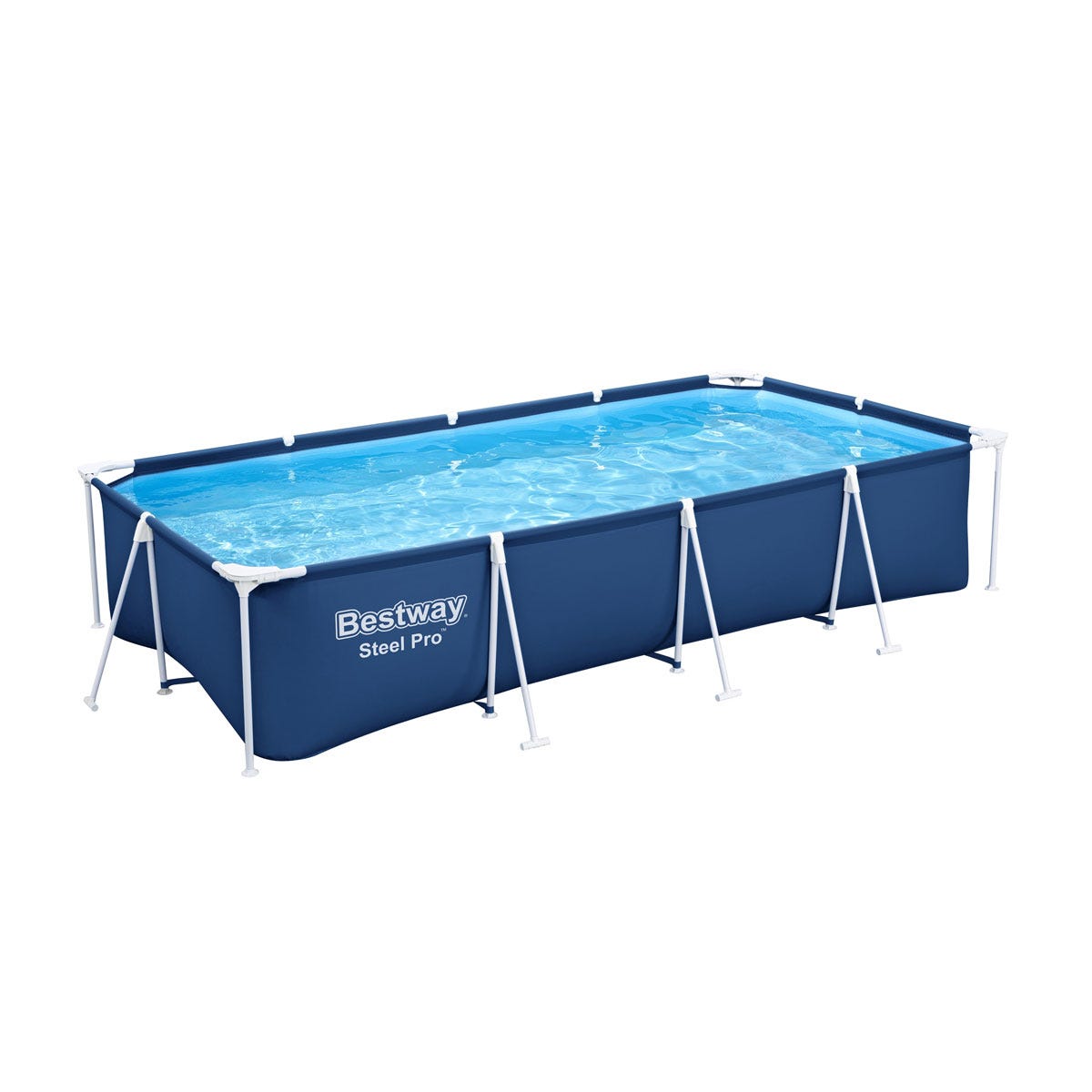 Rectangular above-ground swimming pool set by Bestway, measuring 13'1" x 6'11", featuring a blue durable fabric exterior and a clear water surface.